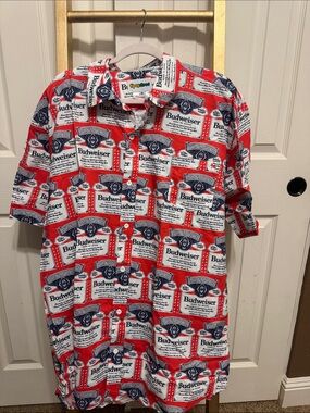 Budweiser Red White and Navy Logo Print Button-Down Shirt